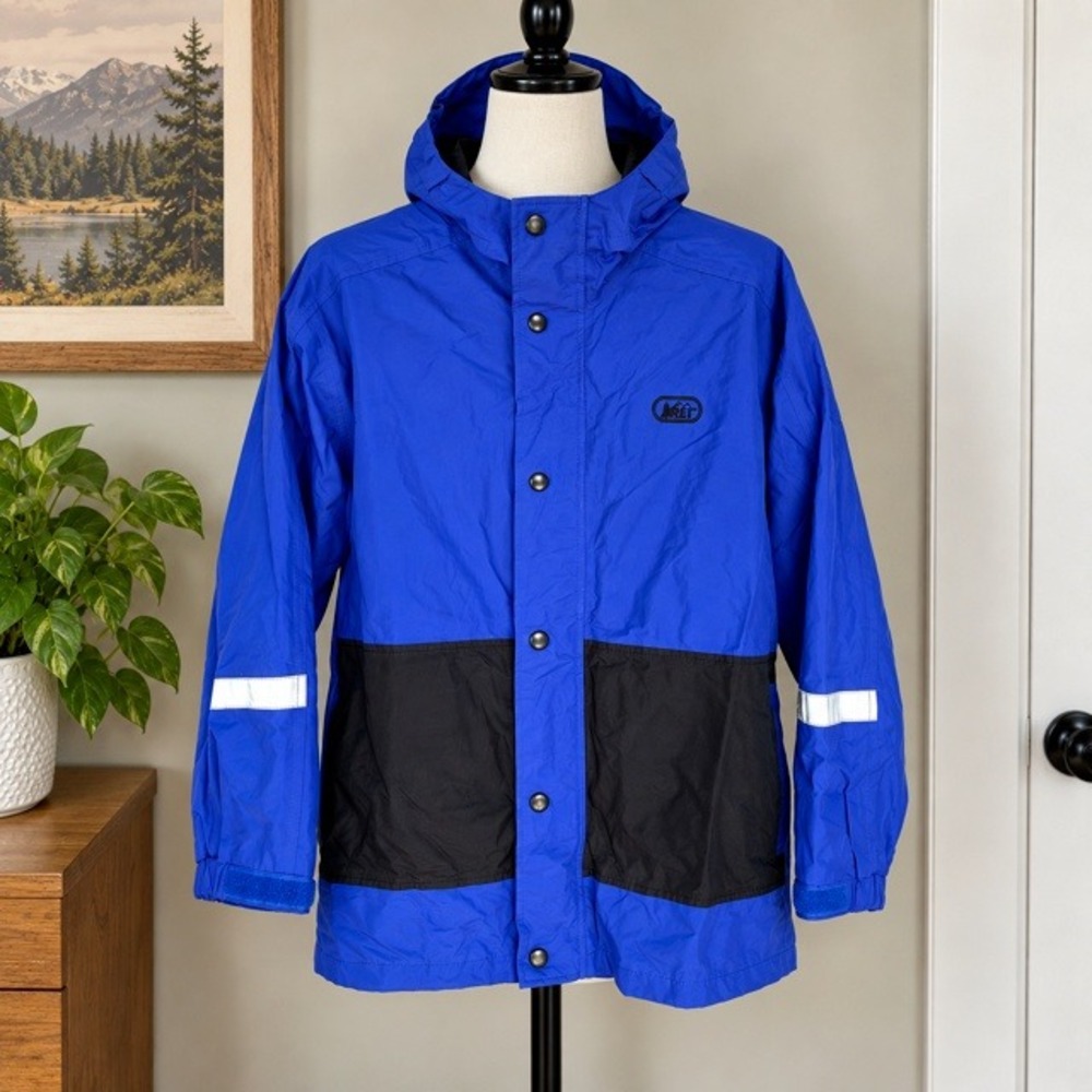 REI Youth L 12-14 Blue Hooded Windbreaker Jacket Full Zip Snap Lightweight